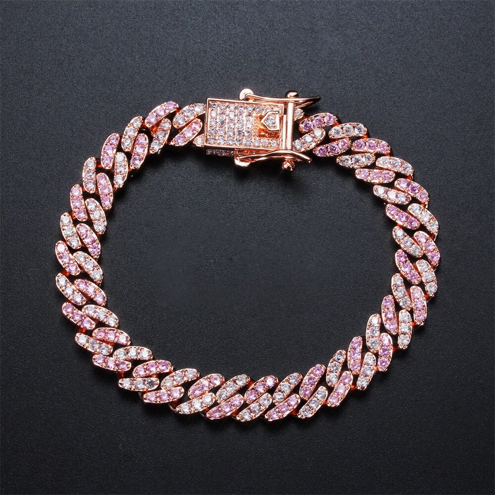 Punk Style 18K Gold Plated Hip Hop Chain Pink and White CZ Pave Setting Cubic Zirconia  Cuban Chain Bracelet Hiphop Jewelry