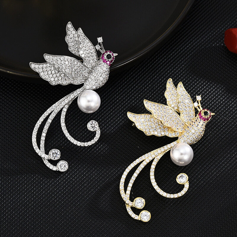 Luxury Rhinestone Phoenix Natural Pearl Cubic Zircon Stone Pave Setting Elegant Brooch Collar Pins For Suit Shining Women Party