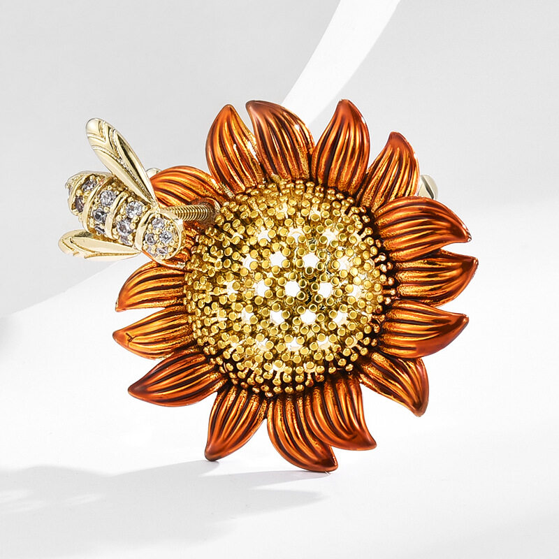 Sunflower with Bee Natural Cubic Zircon Stone Pave Setting Brooch Collar Pins For Suit Shining Women Party Brooches Jewelry