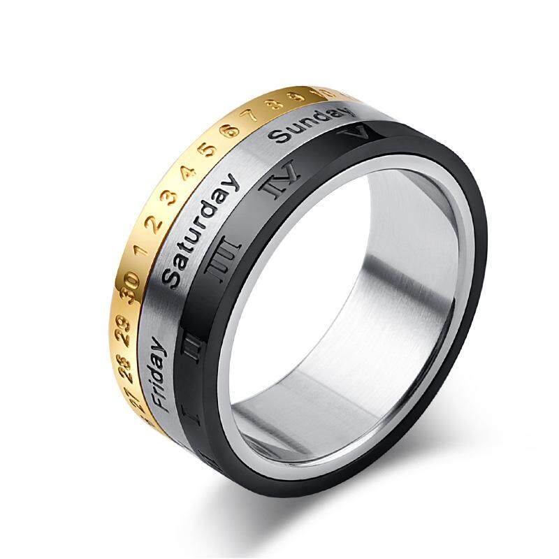 Creative Rotate Time Rings For Women Men Three-color Calendar Week Roman Digital Stainless Steel Rings Jewelry Party Accessory