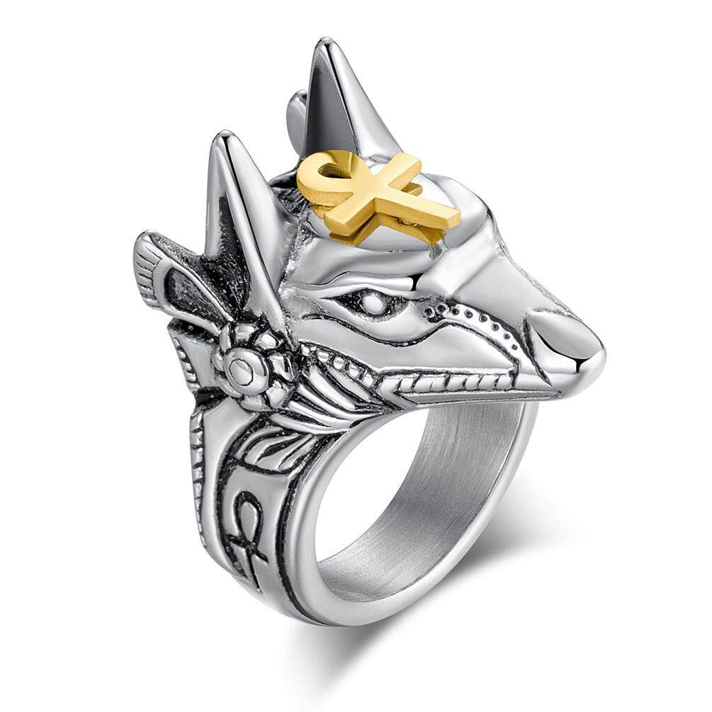 2022 New Retro Anubis God Self-Defense Broken Window Stainless Steel Ring Death Cross Jackal Egyptian Wolf Head Ring Jewelry