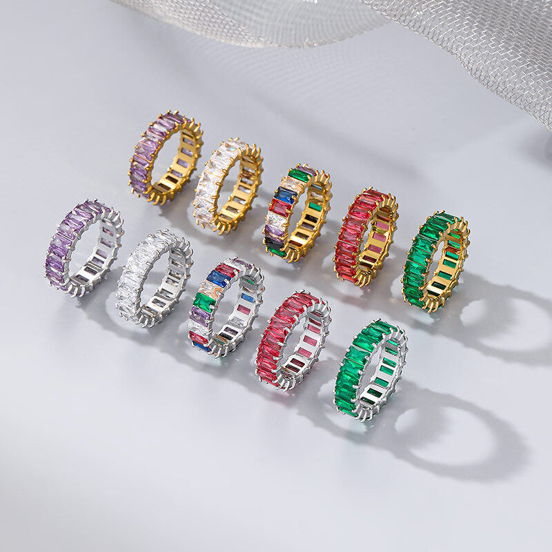 Luxury Full Colorful Cubic Zirconia Stone Setting Stainless Steel Ring for Woman