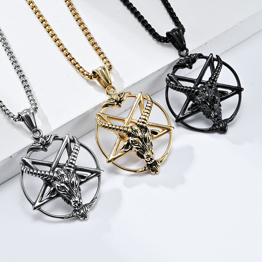 Fashion Retro Pentagram Pan God Skull Goat Head Pendant Necklace Luck Satanism Occult Metal Vintage Silver Plated Star Necklace