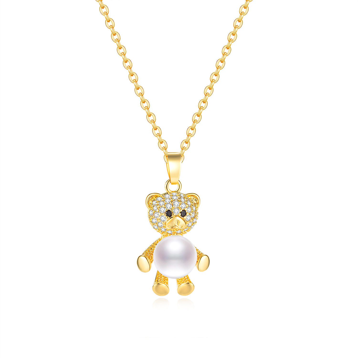 Ins Simple Zircon Pearl Teddy Bear Necklace  Gold Plated Stainless Steel Necklace Bow Clavicle Chain Pendant