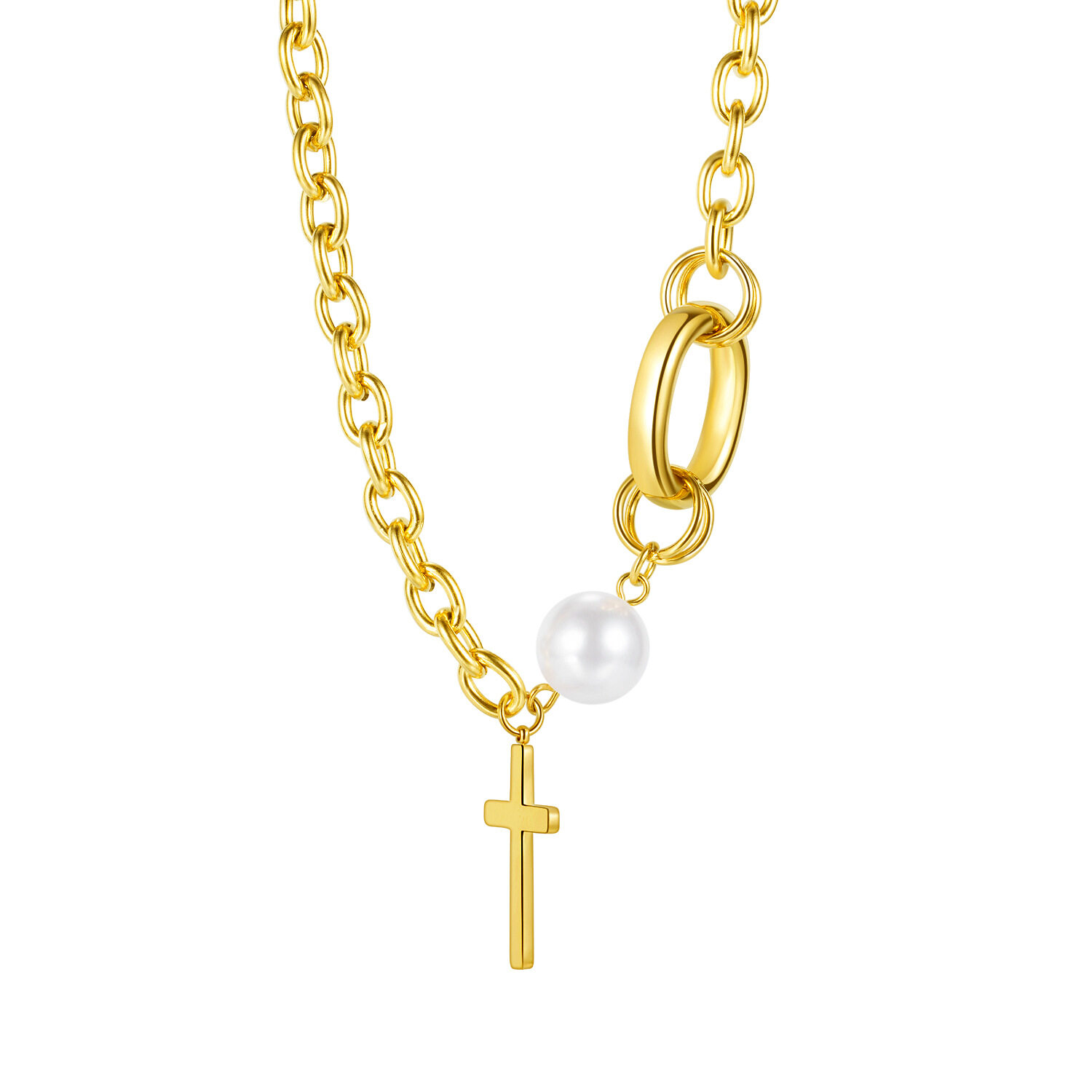 Fashion Ins Hiphop Style Cross Pearl Chain Stainless Steek Pendant Necklaces