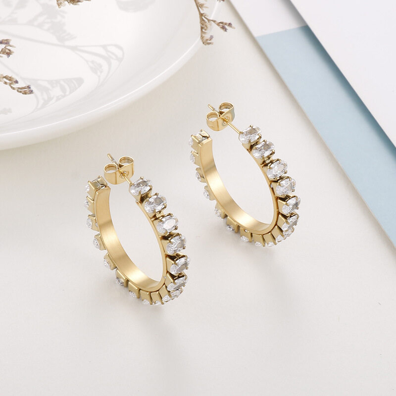 Ins White CZ Setting Hoops Fashion Stainless Steel Stud Earrings