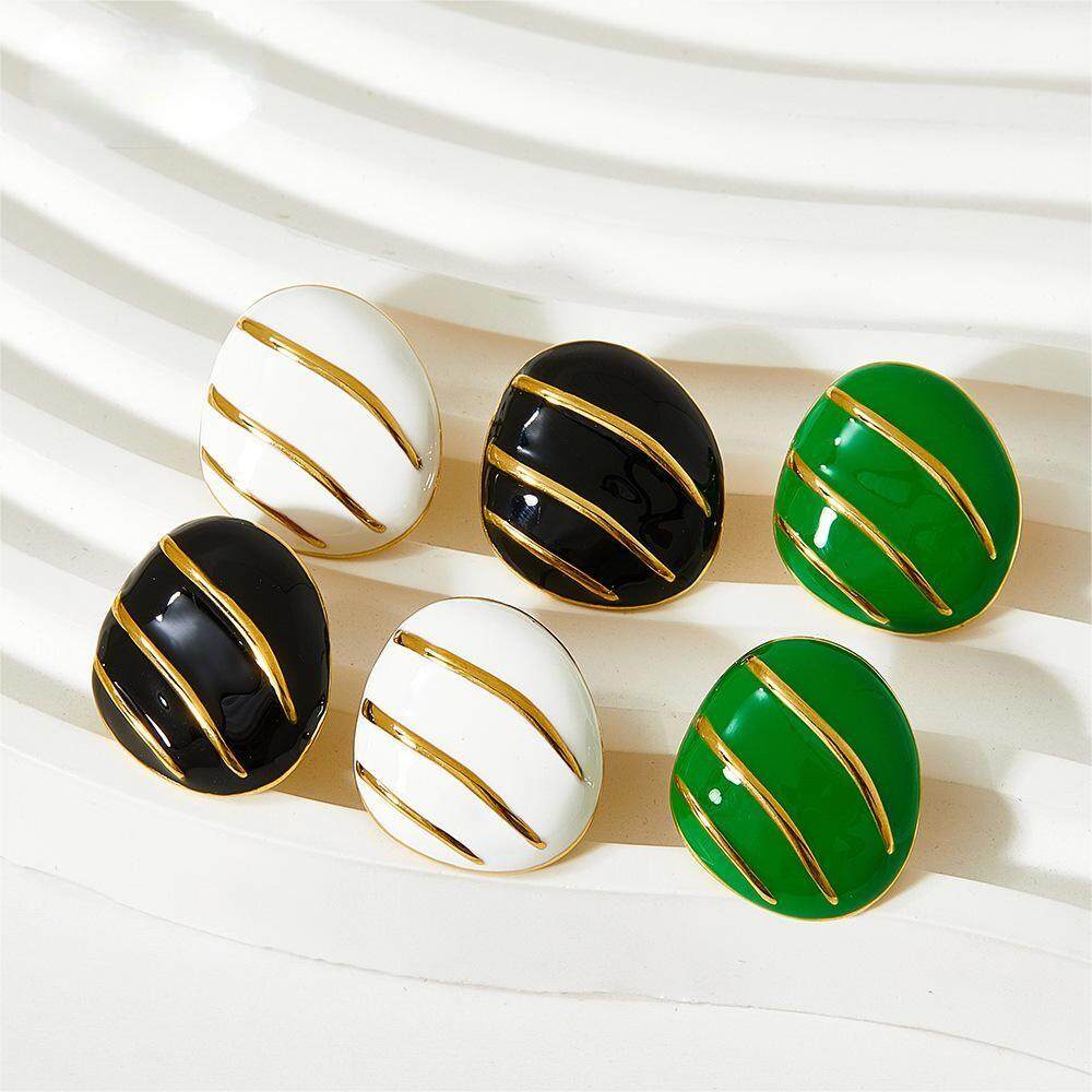 Fashion Geometric White Black Green Enamel Design Palace Stainless Steel Stud Earrings For Woman