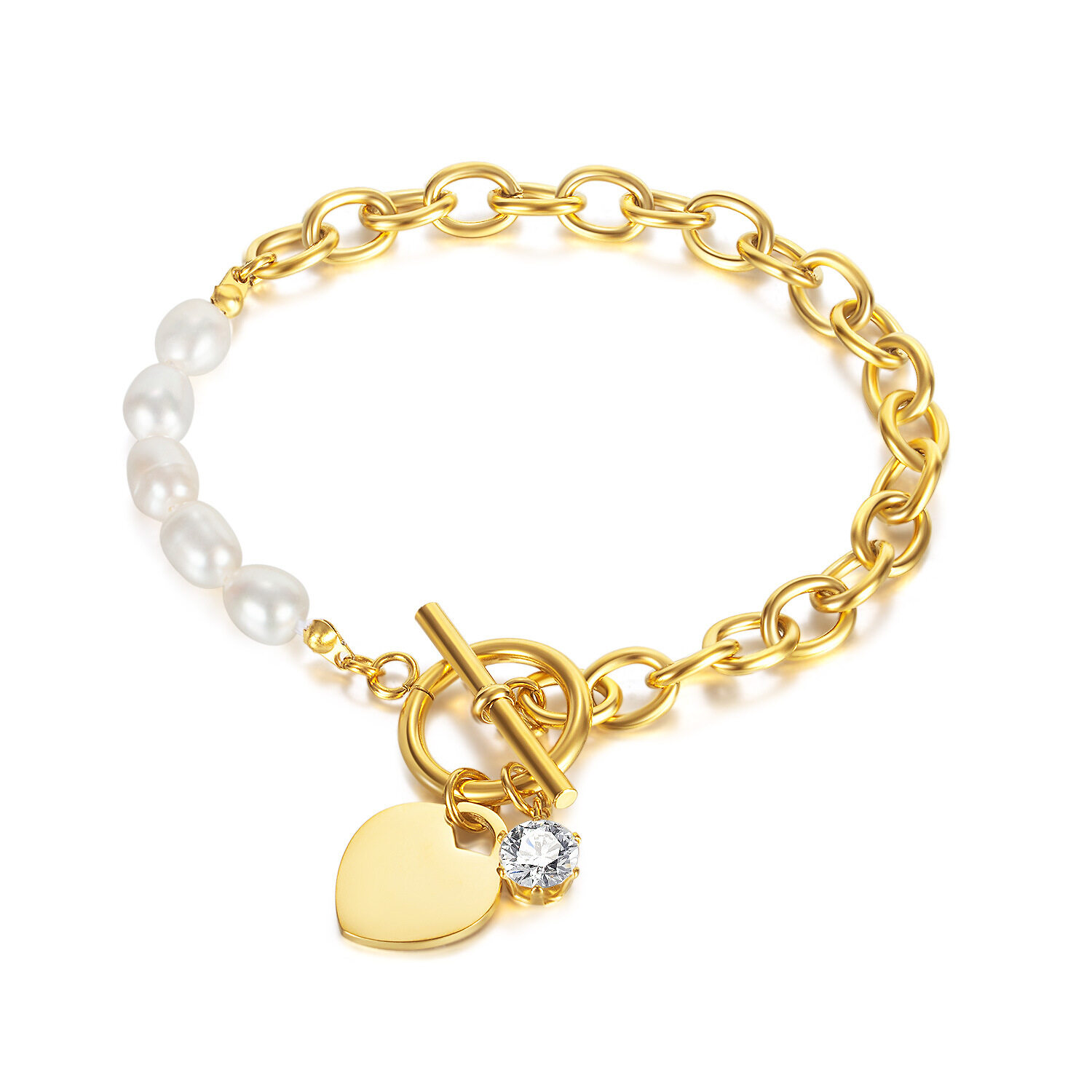 18K Gold Plated Ins Pure Water Natural Pearl Heart Stainless Steel Bracelet with OT Buckle