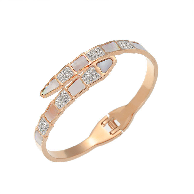 Fashion Gold Plated Snake Shell CZ Setting Stainless Steel Bangle Open Bracelet for Women