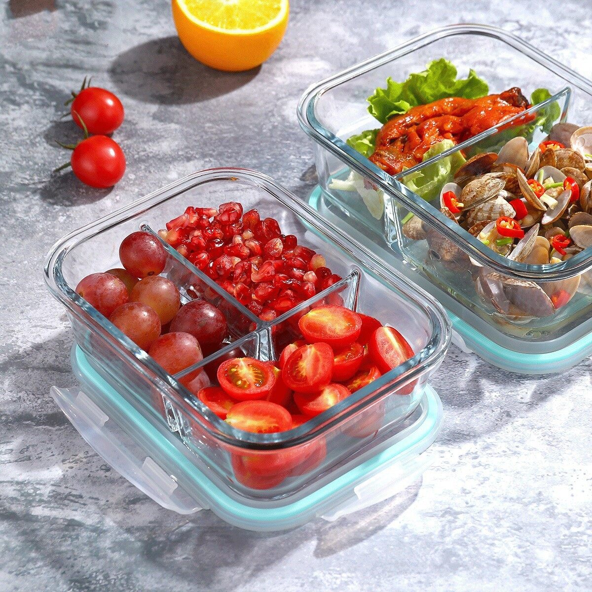 Airtight 3 Compartments Glass Meal Prep Containers Portion Control Glass Lunch Containers with Lids