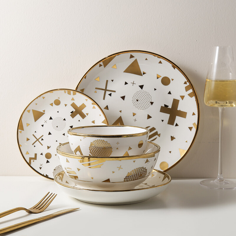 Royal Style Gold Inlay Porcelain Ceramic Bowl And Plate Set