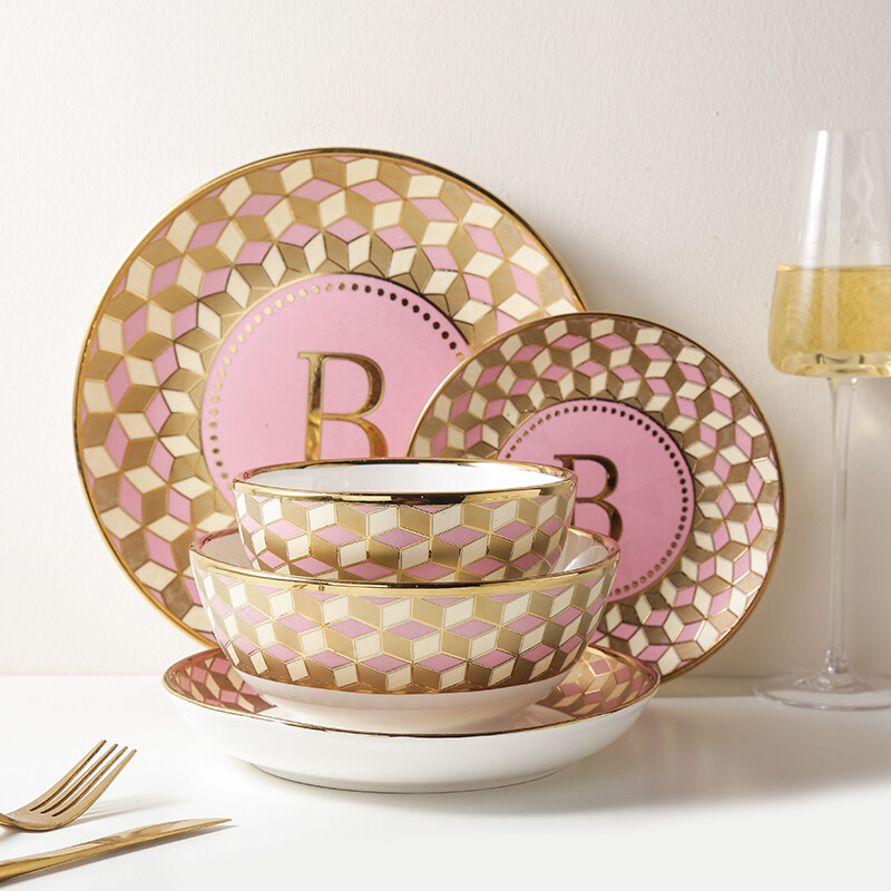 Modern Handmade Pink And Gold Dinnerware Set Durable Dishware