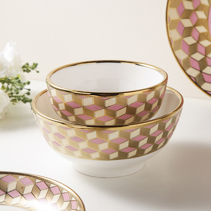 casual dish sets; durable dishware; pink and gold dinnerware set