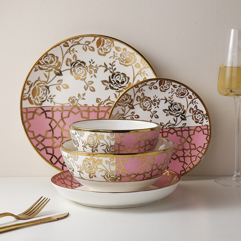 Custom Rose Painting Tableware Gold Bowls And Plates Set