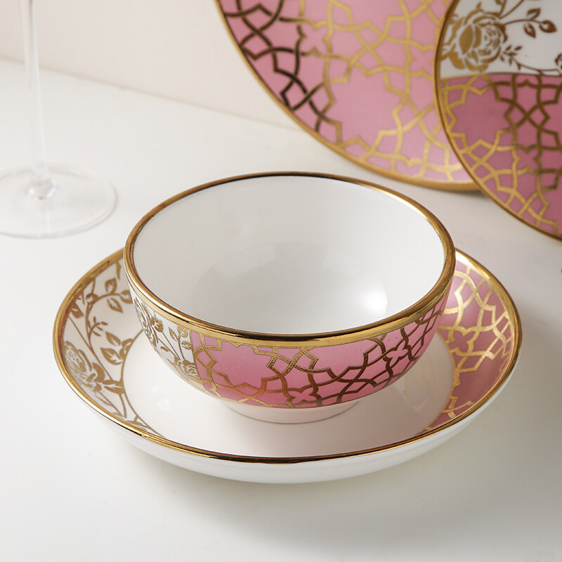 pink and gold dinner set; bowls and plates set; custom tableware