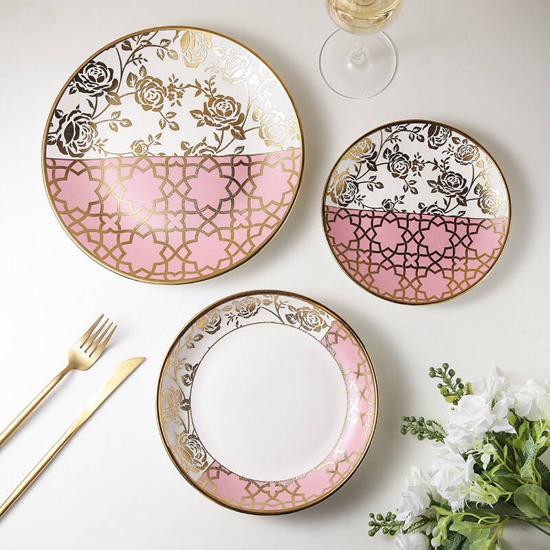 pink and gold dinner set; bowls and plates set; custom tableware