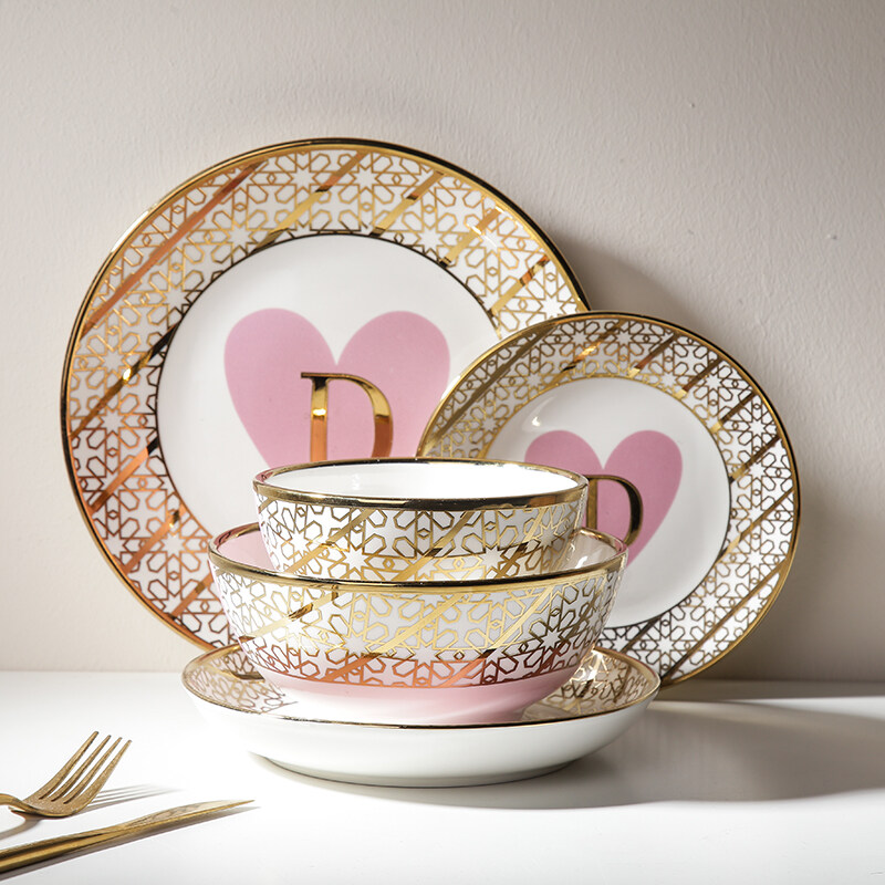 Luxury Embosses Gold Rim Modern Ceramic Dinnerware Set