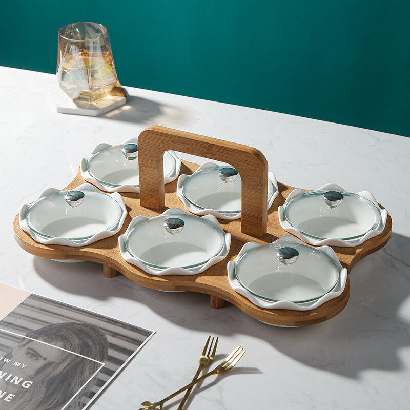 White Flower Shaped Snack Bowls Server With Bamboo Stand