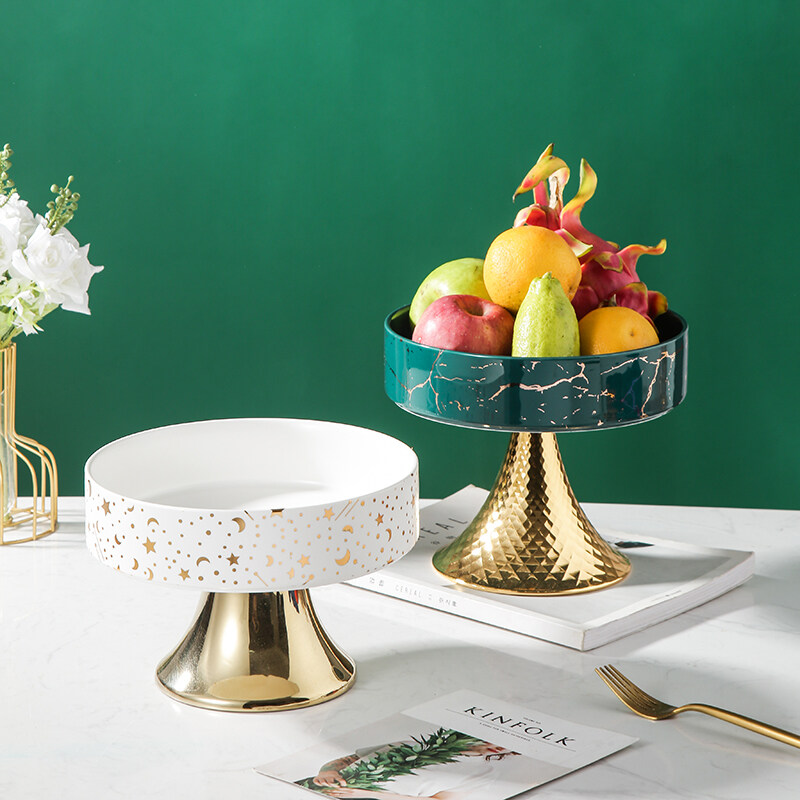 Custom Ceramic Fruit Bowl With Gold Stand For Kitchen Counter