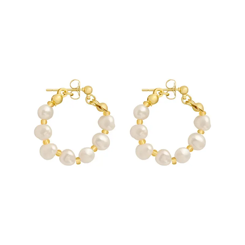 Adora A2301-11 18K Gold Plated Baroque Style Beaded Freshwater Pearl Small Hoop Earrings