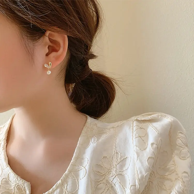 Adora A2305-21 Korean Design 18k Real Gold Plated Delicate Pearl Bead Dangle CZ Heart Stud Earrings