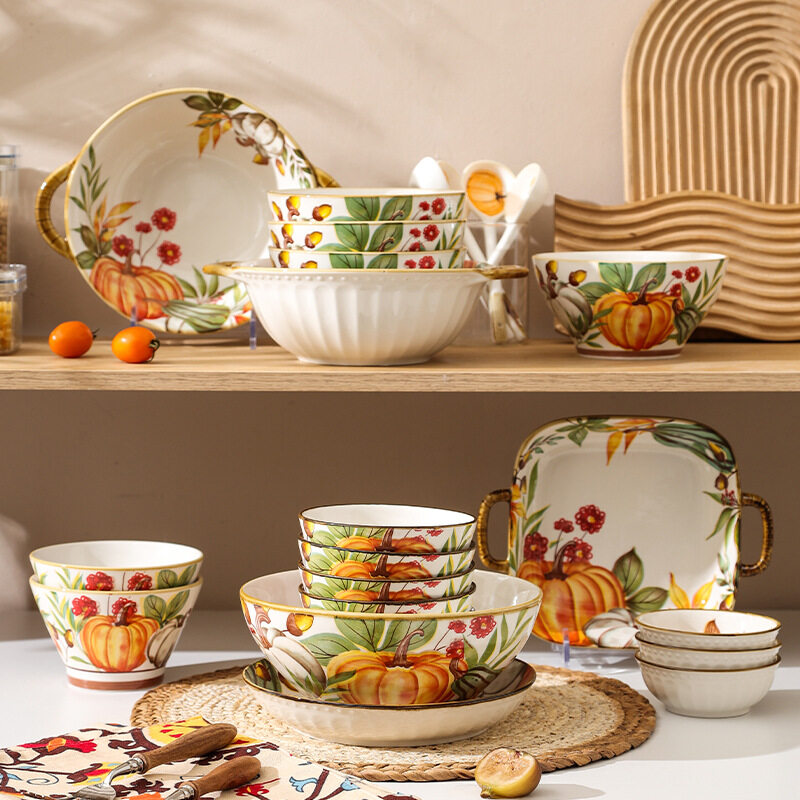 Pumpkin Pattern Glazed Ceramic Dinnerware For Christmas Table