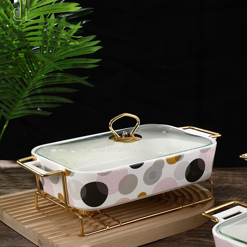 ceramic baking pan; casserole dish with stand; casserole dish with rack
