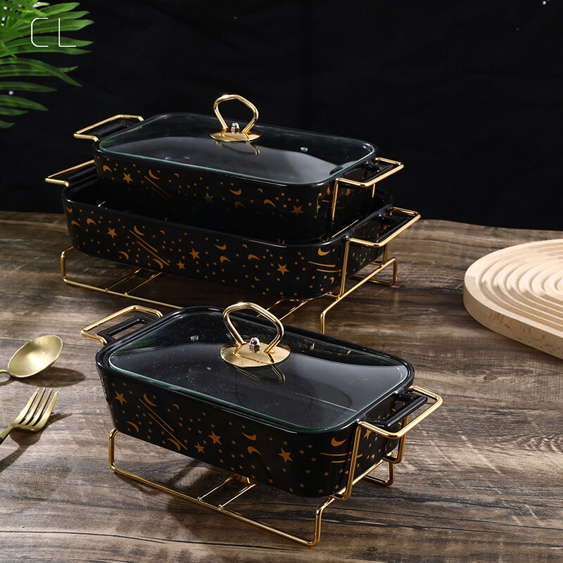 Household Black Casserole Dish With Glass Lid And Gold Stand