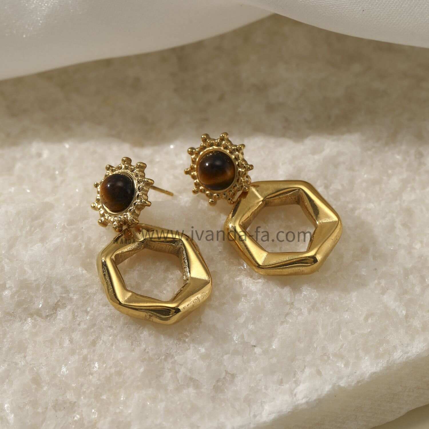 Stainless Steel Tiger Eye Earrings Luxury Gold Plated Jewelry For Women