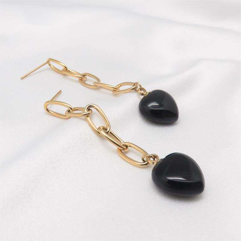 Dangle Obsidian Black Stone Heart Earrings