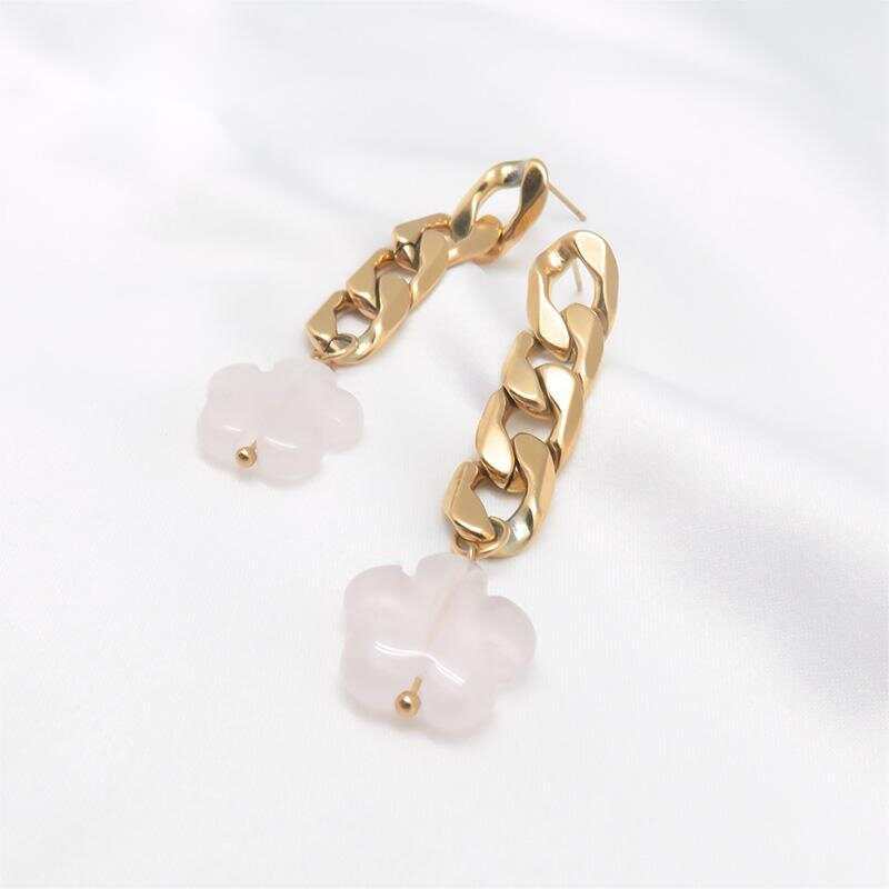 Dangle Rose Quartz Jewelry Pink Flower Shape Stone Earrings