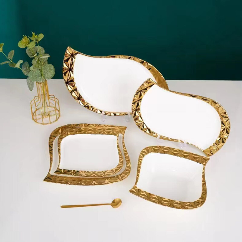 White And Gold Irregular Plates Set Fancy Rimmed Dinner Plates