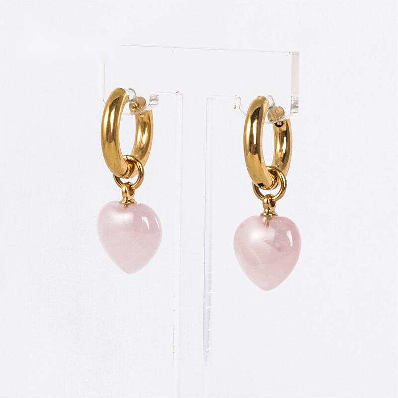 Heart Shape Natural Pink Stone Hoop Earrings With Rose Quartz