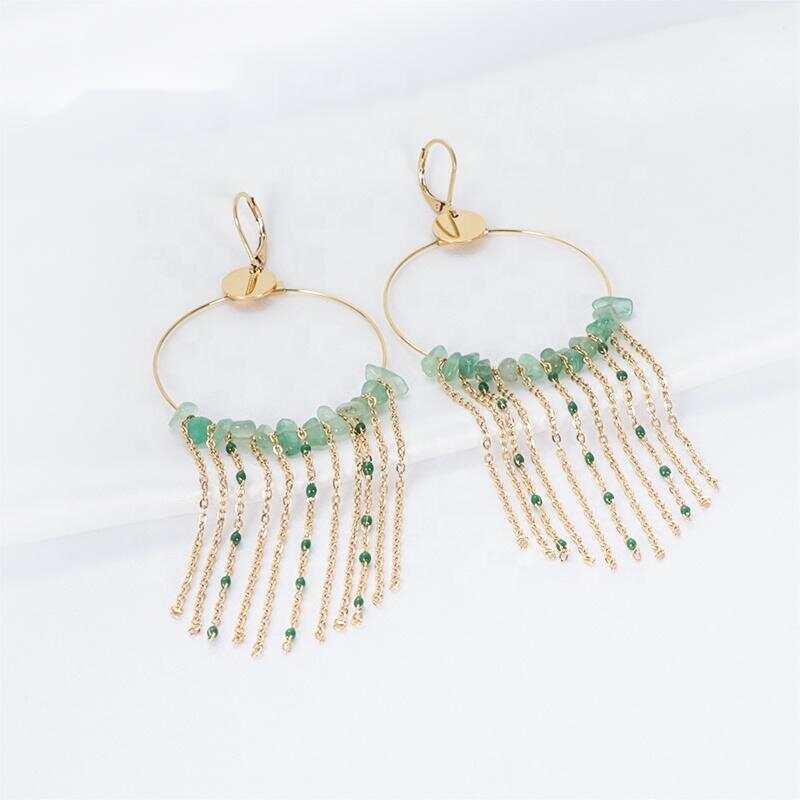 Tassels Broken Stone Green Aventurine Irregular Stone Earrings