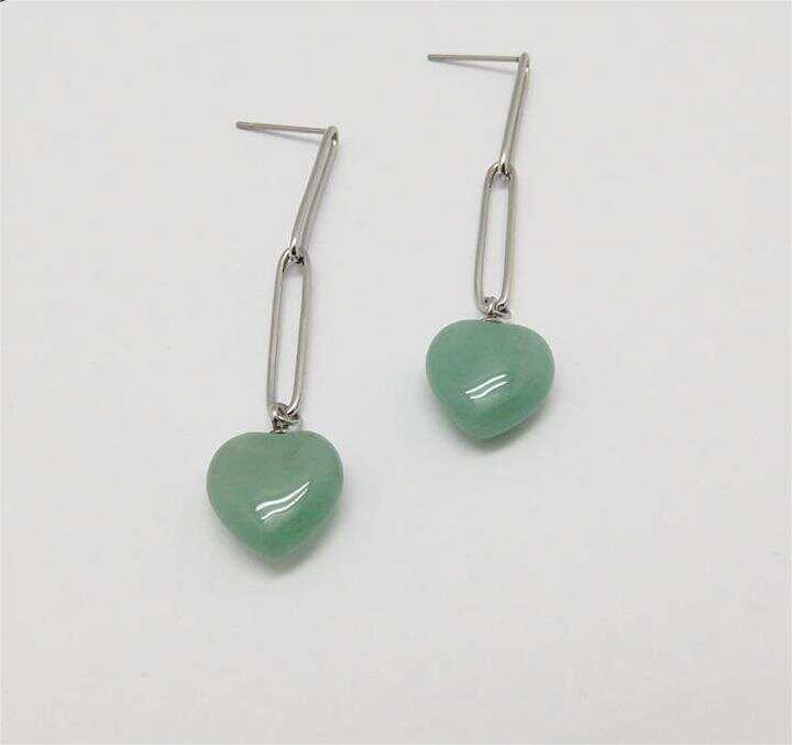 Heart Shape Design Earrings With Green Jade