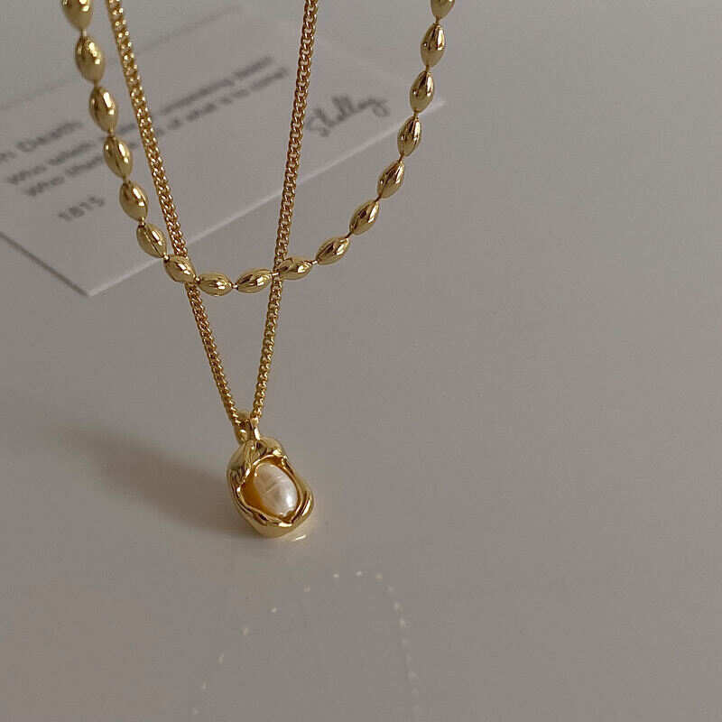 French Style 18k Real Gold Plated Double Layered Freshwater Pearl Bead Pendant Necklace