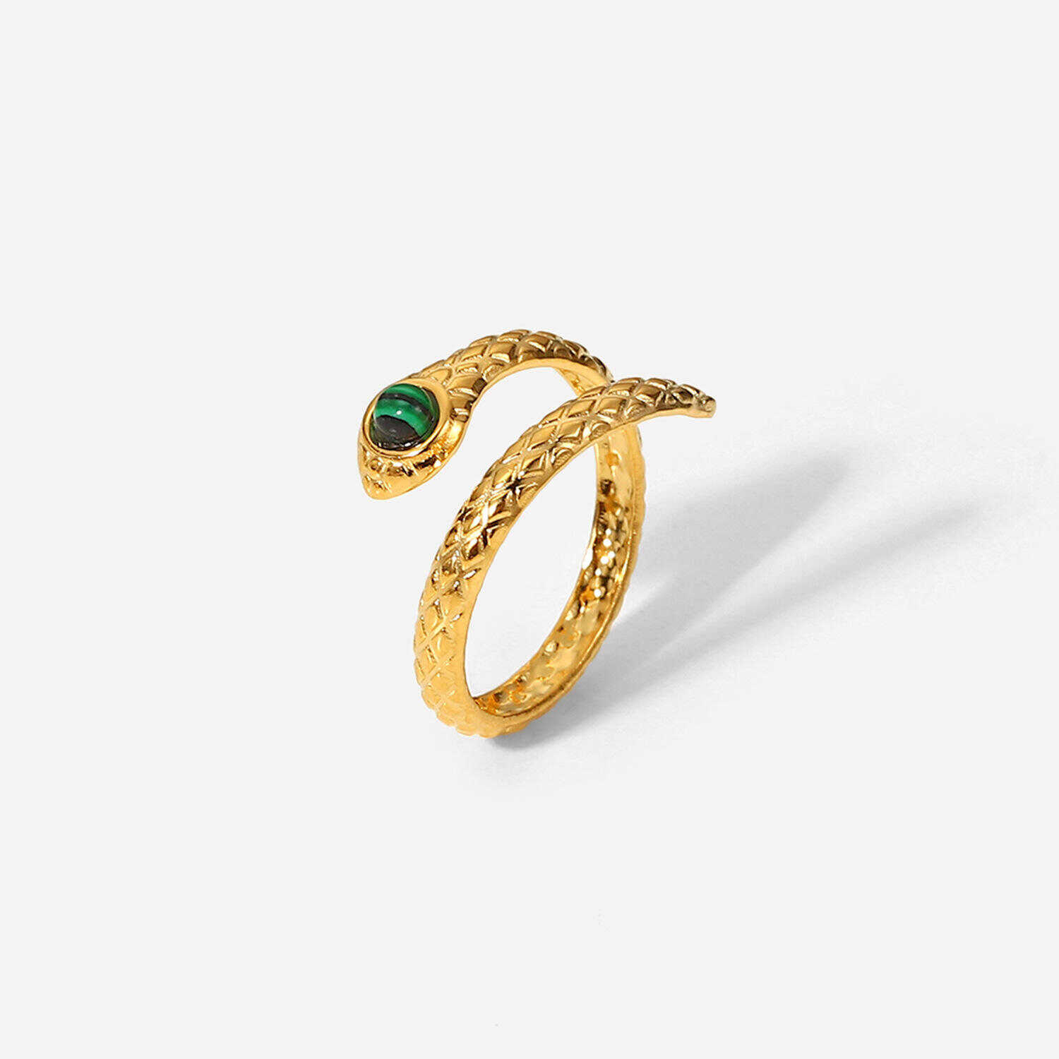 Vintage Gold Plated Stainless Steel Inset Malachite Snake Design Finger Ring