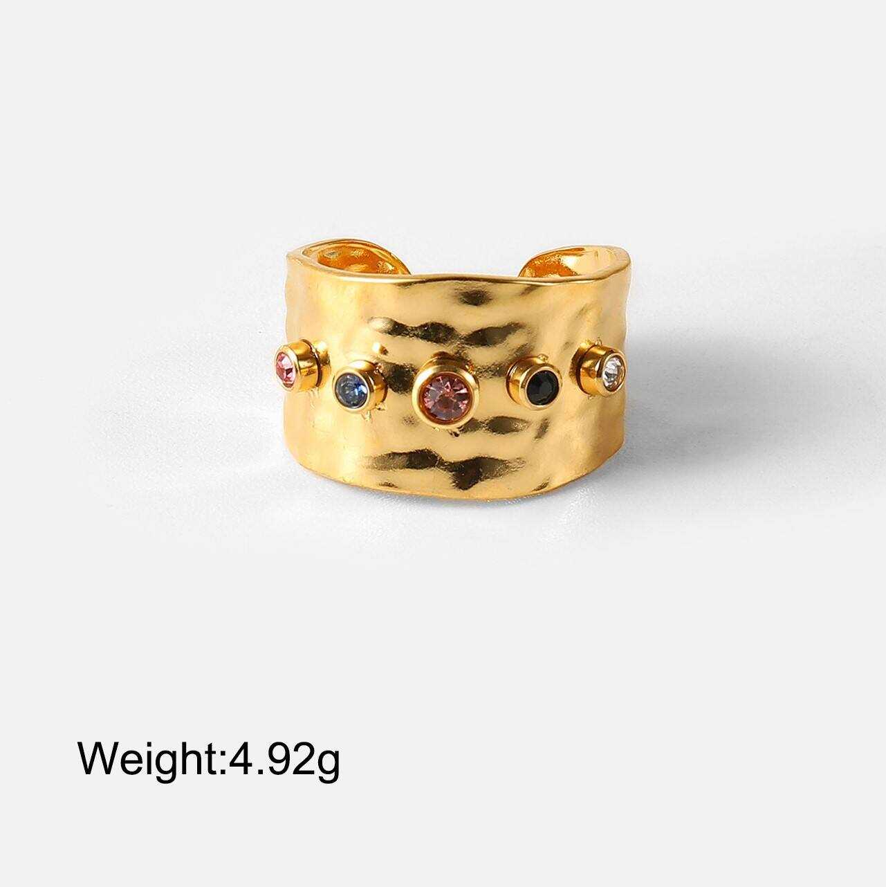 Hot Sale Real Gold Plated Stainless Steel Chunky Hammered Surface Colorful CZ Finger Ring