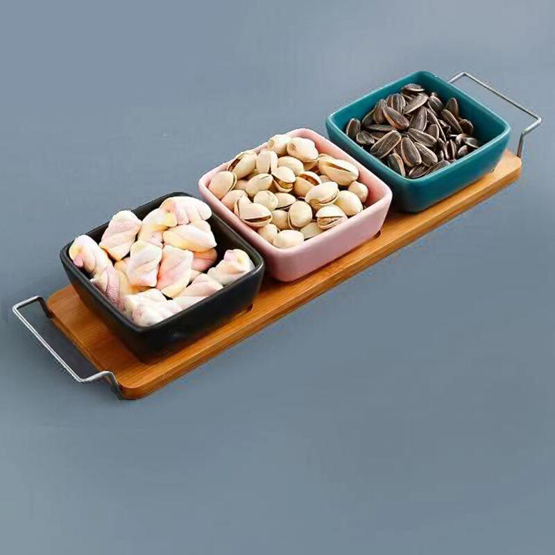 Colorful Ceramic Dessert Dipping Snack Bowls With Bamboo Tray