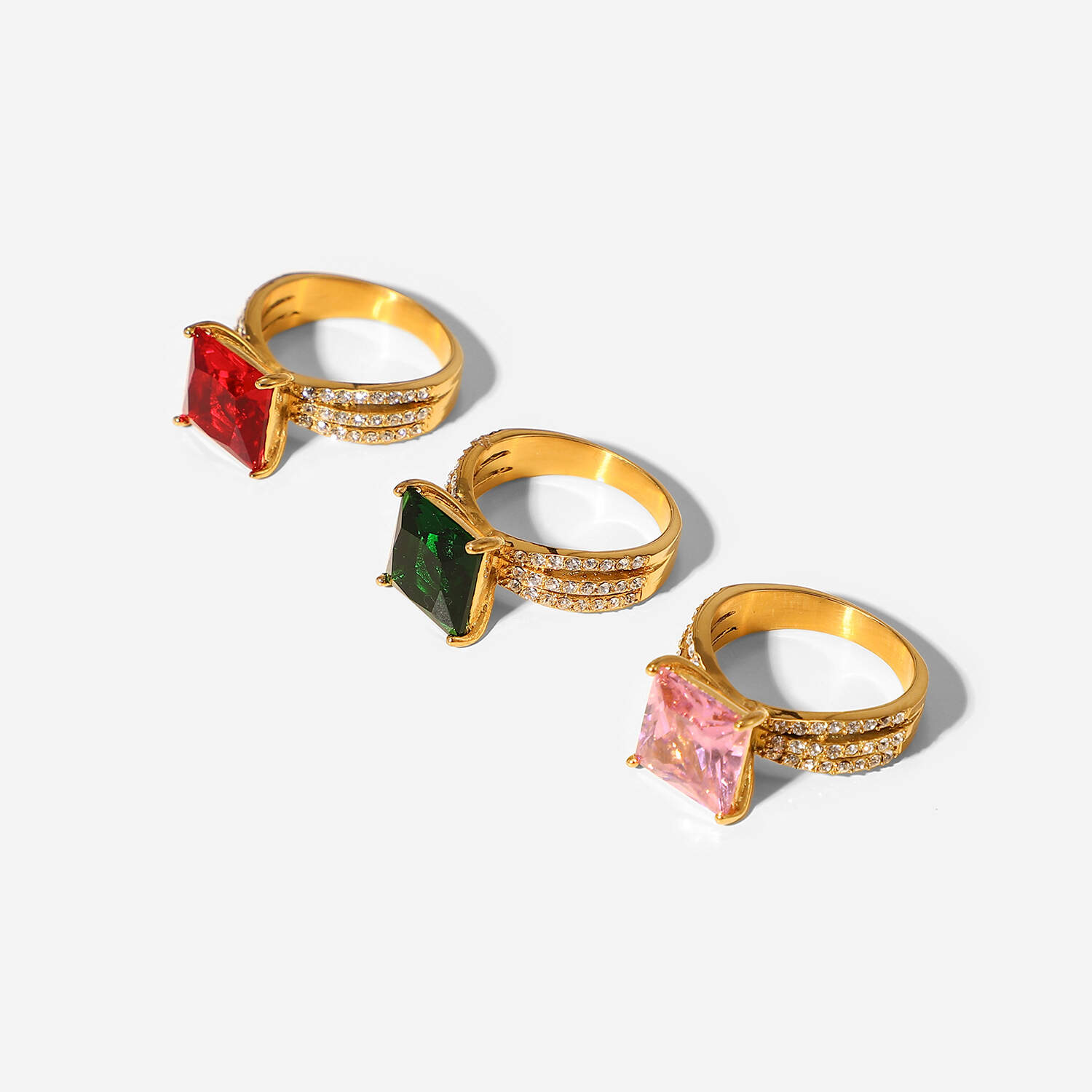 European Style 18k Gold Plated Stainless Steel Shiny Square Colorful CZ Finger Ring