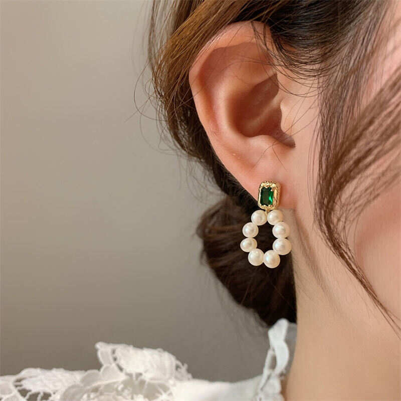 18k Real Gold Plated Green CZ Freshwater Pearl Beads Round Dangle Earrings