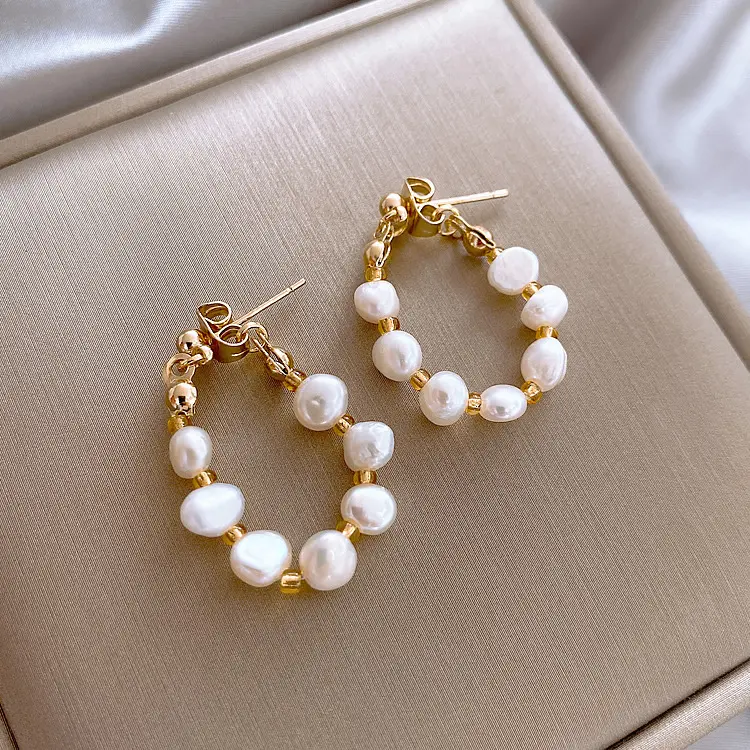 Baroque Style Beaded Freshwater Pearl Small Hoop Earrings