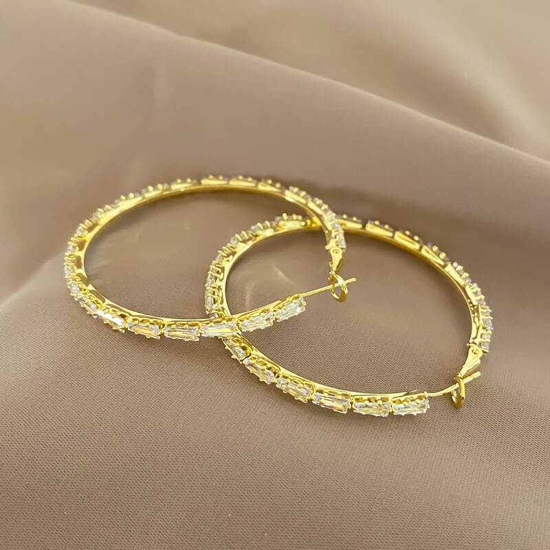 18k Real Gold Plated Inset Shiny Zircon Large Round Hoop Earrings