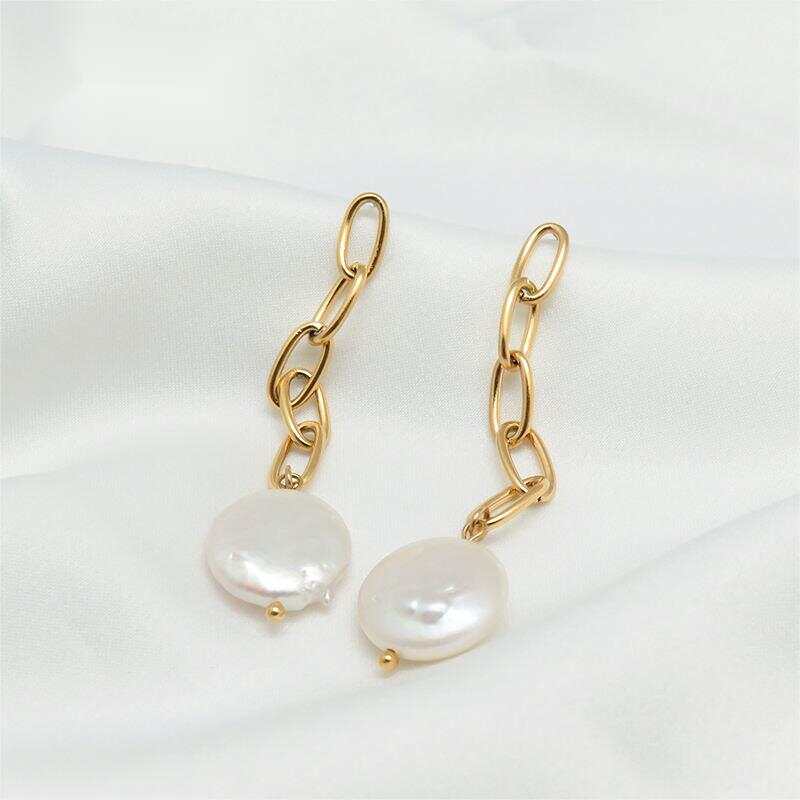 link chain long dangle earrings with baroque pearl