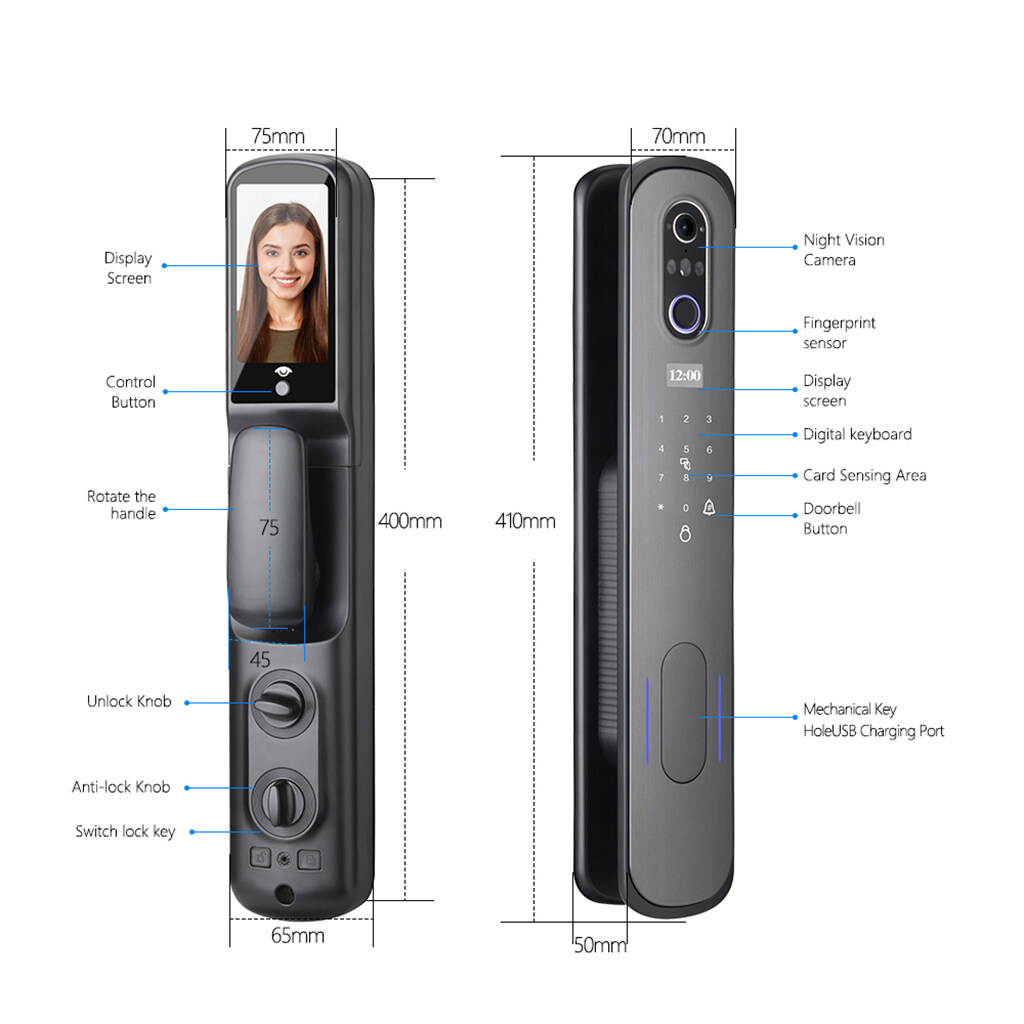 fechadura inteligente para porta dupla, trava inteligente da porta de alumínio, trava biométrica de porta inteligente, trava preta de porta inteligente, bloqueio de porta inteligente Bluetooth