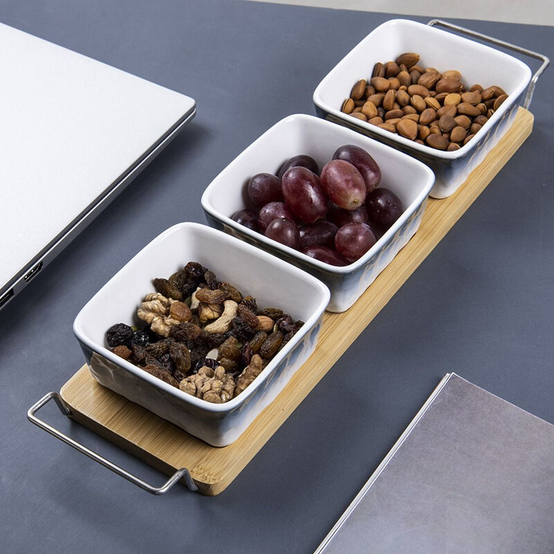 Square Ceramic Snack Divider Serving Bowls With Wooden Tray