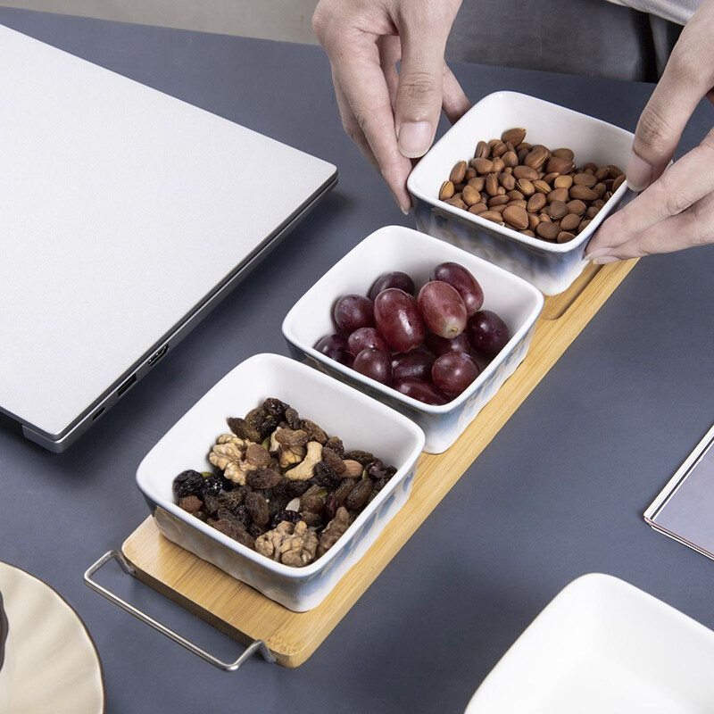 snack serving bowls with tray; snack divider tray; ceramic snack tray