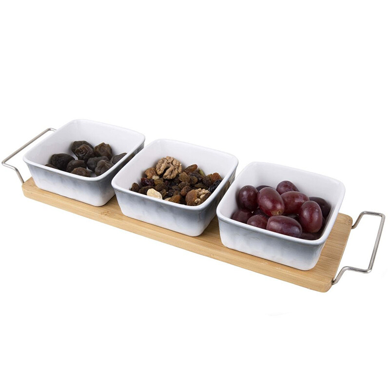 snack serving bowls with tray; snack divider tray; ceramic snack tray