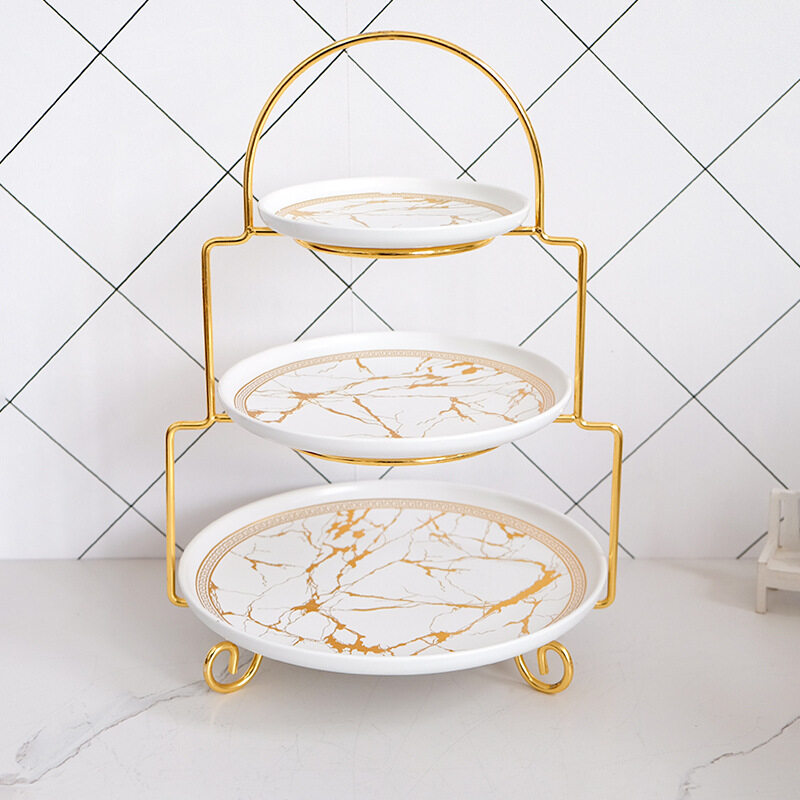 3 Tier Gold Cake Stand With Marble Plates For Afternoon Tea