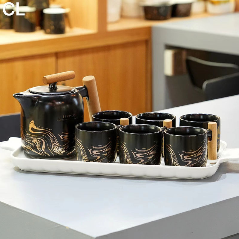 Premium Black Glazed Ceramic Water Set With Square Tray